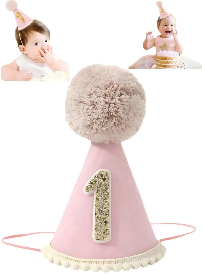Pink First Birthday Hat for Baby Girls - Pink 1st Cone Hat,Crown with Pom Topper,First Birthday Decorations,One Party Photo Props - Image 1